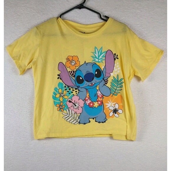 Disney Lilo & Stitch Jr Size Large Crop Crew Neck Tee Shirt Yellow - Picture 1 of 9